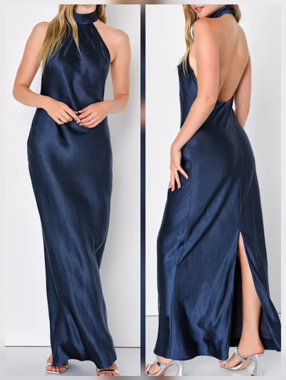 Lulus Love in Your Life Navy Blue Satin Halter Backless Maxi Dress, Small, NWT